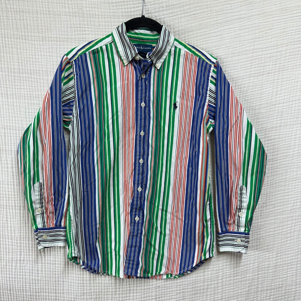 VTG Ralph Lauren Boys Multi Stripe Button Down Collared Shirt Size M 10/12